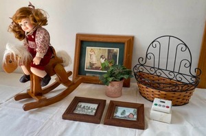 Vintage Decor Items, Doll with Rocking Horse, Framed Art & More