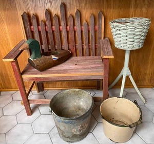 Vintage Decorative Bench, Plant Stand, Metal Buckets, Wooden Duck