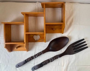Wood Shelf with Hooks, Decorative Wooden Fork & Spoon