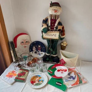 Christmas Decor Lot, Platters, Snowman Statue, Card Holder & More