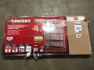 lot 25 image: Husky  5-Tier Heavy Duty Steel Garage Storage Shelving Unit in Red (48 in. W x 78 in. H x 24 in. D) Customer Returns See Pictures
