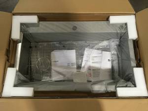 lot 31 image: Glacier Bay Zero Radius Drop-InUndermount 16G Stainless Steel 36 in. 2-Hole Single Bowl Kitchen Sink with Accessories   Customer Returns See Pictures