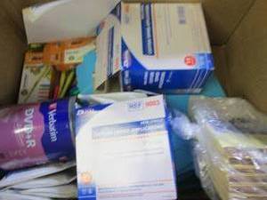 box of note pads cotton applicators...