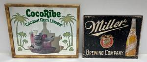 lot 21 image: Two Vintage Liquor Advertisment Signs 1 Tin 12 12 x 16 1 Cocoride Mirror 15 x 17
