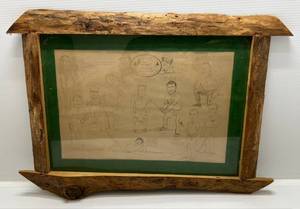 lot 28 image: Framed Illustration By Robert Hughes (Bob Perrizo) (Camp Confidence Brainerd Minnesota Celebrity Golf Tourney) From Vikings Bill Browns Estate 27 x 18 12 With Provenance On Back