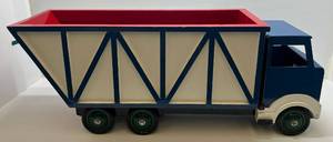 lot 91 image: 1970s Handmade Wooden Dump Truck (Toy Box) 41 L x 16 12 T x 12 12 W With Metal And Rubber Wheels
