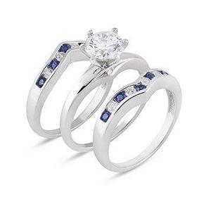 18K Yellow Gold Over Sterling Silver Lab-Created Blue Sapphire and CZ 3-Pc. Ring Set