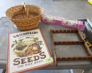 lot 36 image: Nice heavy made wicker basket, spoon rack, seed sign and lavendar liners