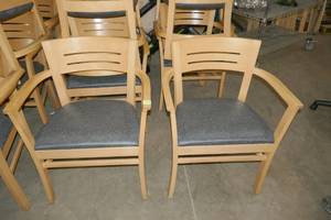 lot 58 image: 6 nice wood chairs with vinyl seat for easy cleaning. Match the tables.