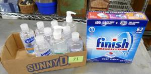 lot 71 image: 9 new bottles of hand sanitizer and a half full box of dishwasher tabs