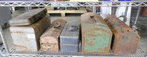 lot 72 image: Shelf full of 6 old tool boxes