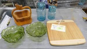 lot 76 image: Bamboo cutting board, 2 mason jars with lids, raspberry candy dishes and a fold down wood bowl