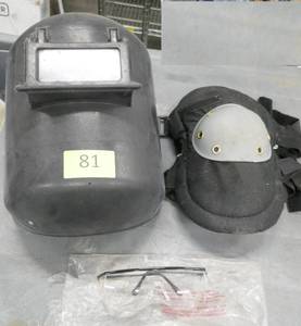 lot 81 image: Welding helmet, set of knee pads and safety glasses