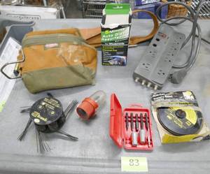 lot 83 image: Work belt with pouch and hammer hook, and misc tools