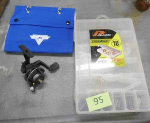 lot 95 image: New Fishing wormfly bag with multiple pages, Plano box and ice fishing reel