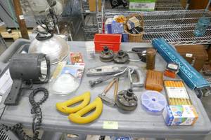 lot 107 image: Lot of garage items, router bits, Rockler tools, files, string trimmer heads, lights etc