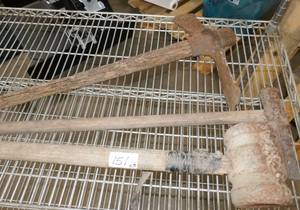 lot 151 image: 3 vintage tools - sledge hammer, maul, axe