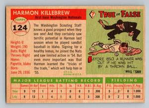 lot 1 image: Harmon Killebrew Rookie Card #124 - 1955 Topps Baseball