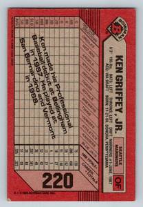 lot 24A image: Ken Griffey Jr. Rookie Card 1989 Bowman #220 Baseball
