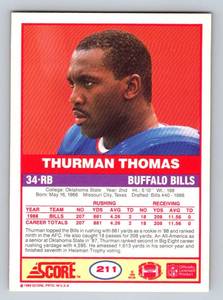 lot 23A image: Thurman Thomas Rookie Card 1989 Score #211 Football