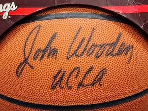 lot 201 image: WW UCLAs The Wizard John Wooden & DePauls Ray Meyer Autographed Basketball LK