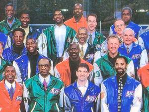 lot 101 image: Laminated and Framed 50th Anniversary 1997 All Star NBA Picture featuring HOF Greats