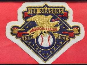 lot 105 image: LK Authentic Framed 100 American League MLB Anniversary Patch WW