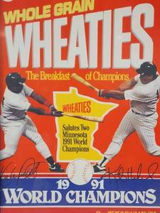 lot 164 image: Framed Minnesota Twins Kirby Puckett & Kent Hrbek Wheaties Box