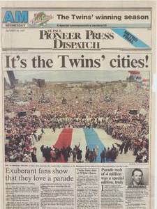 lot 247 image: Minnesota Twins Celebrate Framed Pioneer Press Page - Dated 28 Oct 1997