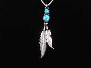 lot 1 image: .925 Sterling Silver Navajo Sleeping Beauty Turquoise Feather Pendant Necklace