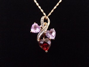 lot 17 image: .925 Sterling Silver Pink Sapphire and Garnet Heart Crystal Rose Gold Vermeil Pendant Necklace