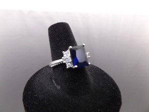 lot 37 image: .925 Sterling Silver Blue Sapphire Crystal Ring Size 7.75