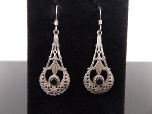 lot 90 image: .925 Sterling Silver Onyx Cabochon Scrolled Dangle Hook Earrings