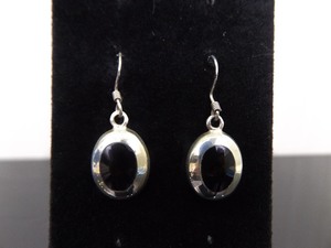 lot 92 image: .925 Sterling Silver Inlayed Black Onyx Cabochon Dangle Hook Earrings