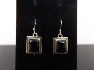 lot 93 image: .925 Sterling Silver Inlayed Black Onyx Cabochon Dangle Hook Earrings