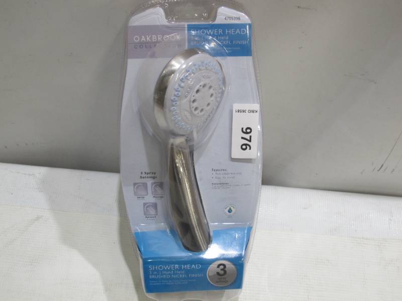 lot 976 image: OakBrook 4705398 Brushed Nickel PVC 3 Spray Setting Shower Head 1.8 gpm - NEW