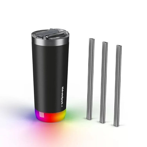 lot 540 image: NEW HidrateSpark Pro 20-oz. Stainless Steel Smart Tumbler w 3 Straws - Black
