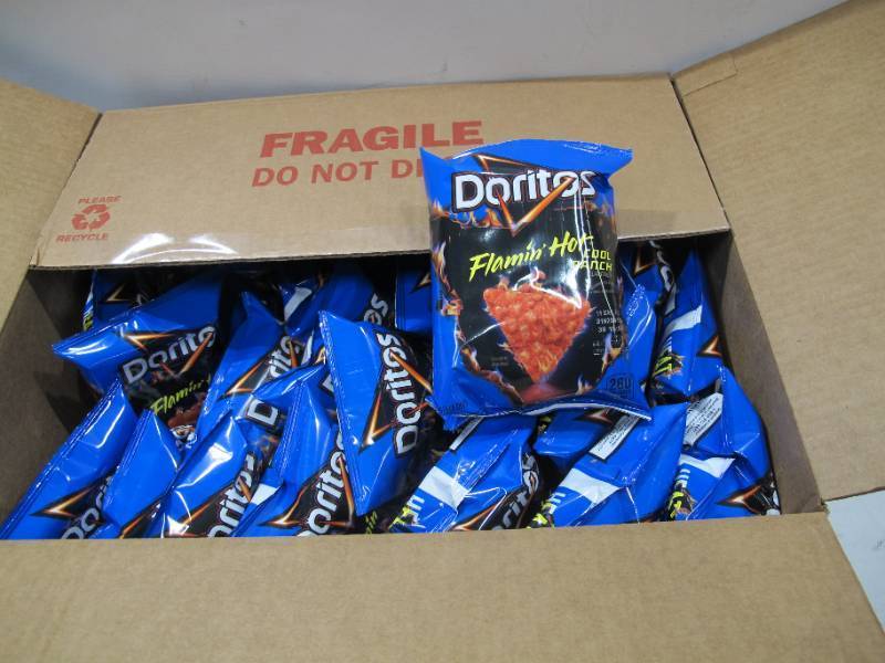 lot 562 image: NEW Case Pack of 64 bags of Doritos Flamin Hot Cool Ranch Chips - 1.75 Oz per bag