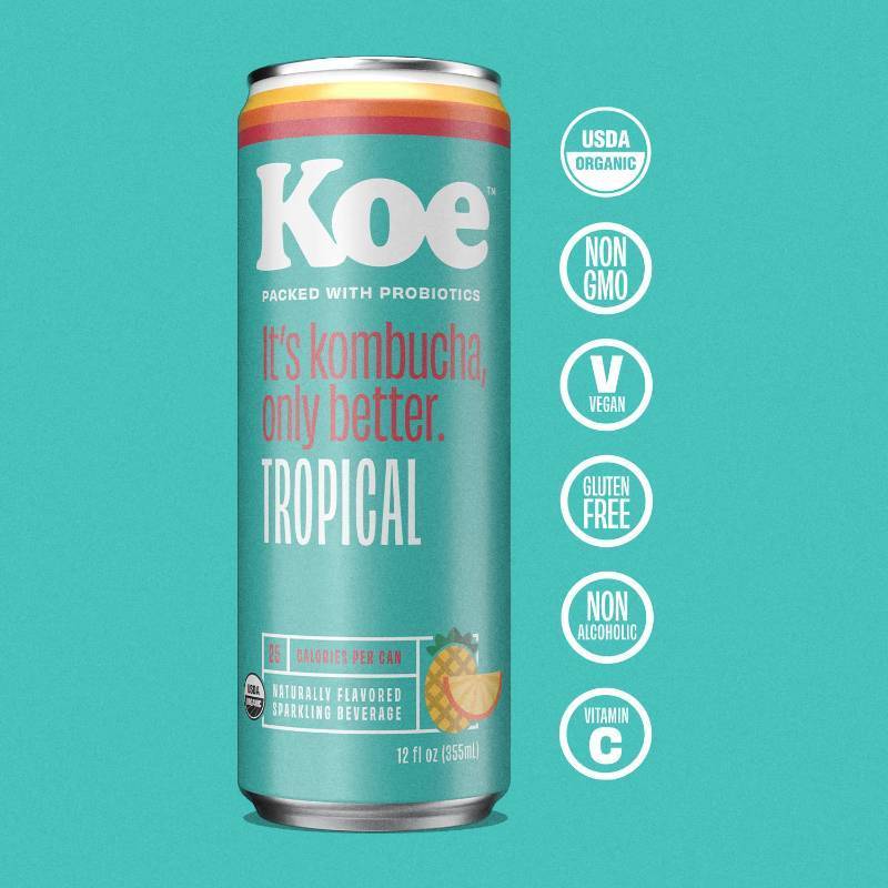 lot 569 image: Koe Kombucha Cans, Tropical  Organic Sparkling Fruit Drinks With Live Probiotics and Vitamin C  12 oz Pack of 12