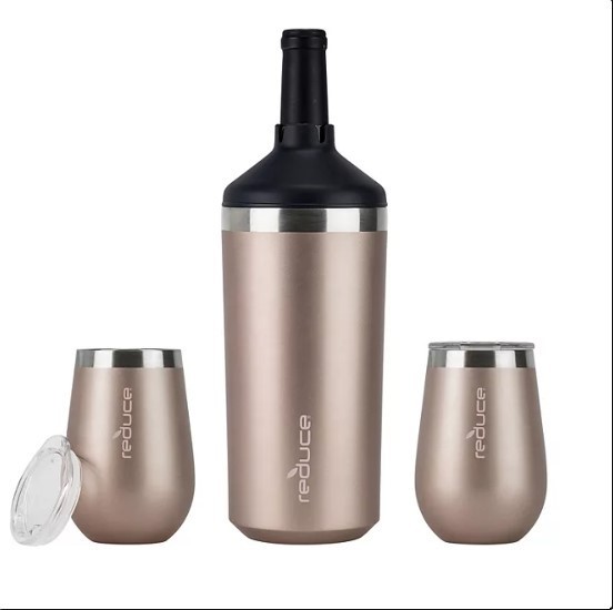 lot 621 image: NEW Reduce Wine Bottle Cooler 3-Piece Set with 12-oz. Wine Tumblers - Metallic Cotton