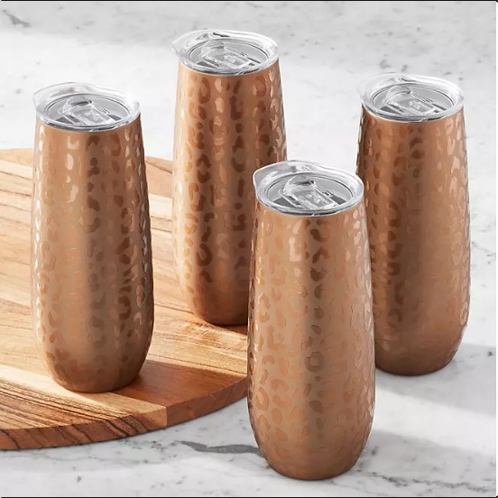 lot 615 image: NEW  Members Mark 14oz. Stainless Steel Insulated Flute Tumblers with Lids, 4 Pack - Bronze Animal Print