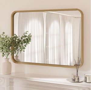 lot 76 image: WallBeyond 30 x 42 Round Corner Wall Mirror, Natural Wood