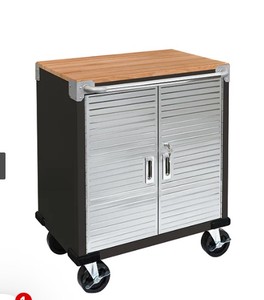 lot 451 image: Seville Classics UltraHD 2-Door Rolling Cabinet, 28 W x 18 D x 34.5 H, Graphite - MISSING HARDWARE AND WHEELS