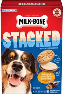 lot 722 image: NEW Pair of Milk Bone Stacked Molasses and Peanut Butter Sandwich Cookie Dog Snacks