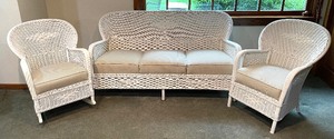 lot 1 image: White Wicker Sofa, Rocking Chair and Chair Set