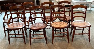lot 45 image: Variety of 10 Vintage Wooden Caned Seat Chairs