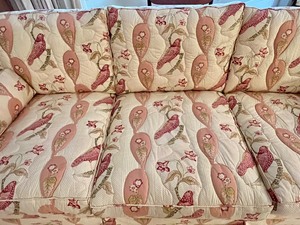 lot 51 image: Vintage Quilted Upholstered Sofa with Unique Fabric
