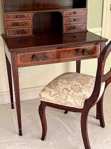 lot 12 image: Vintage Ladies Mahogany Desk with Antique Upholstered Seat Chair