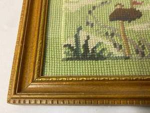 lot 253 image: Vintage Farmhouse Needlepoint Framed Art with Wooden Frame
