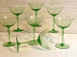 lot 34 image: Set of Seven Green Depression Champagne Glasses